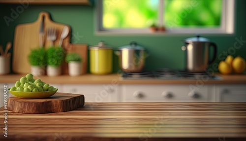 empty wooden desk over blurred,defocused kitchen with copy space. Generative Ai 