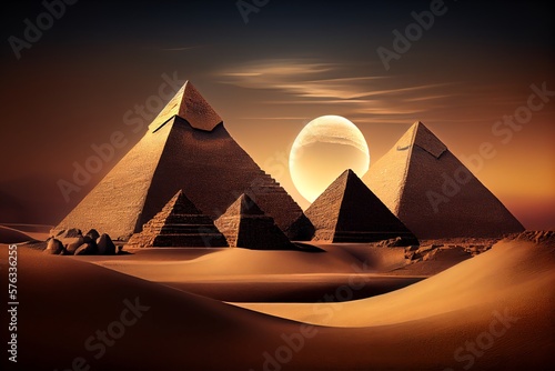 Egyptian Pyramids In Desert With Evening Sunset. Generative AI