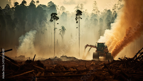 destruction of our forests with heavy machinery felling trees, highlighting the urgent need for forest conservation efforts. space for text photo