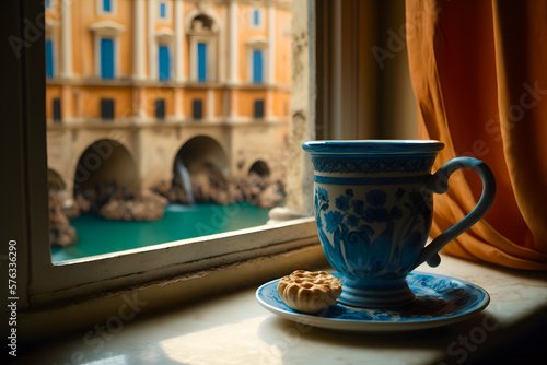 Cup of morning coffee on the windowsill an open window with overlooking Trevi Fountain, rome, Italy. Travel concept and morning with breakfast at the hotel. Generative AI