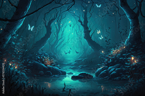 Gloomy fantasy forest at night  generative AI