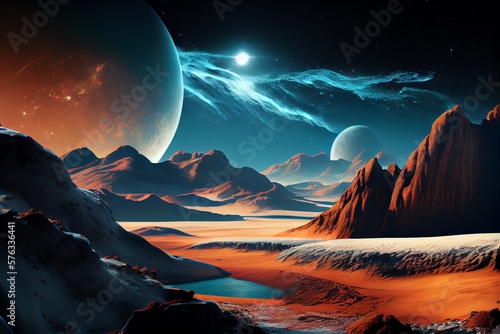 Extraterrestrial Landscape  Scenery Of Alien Planet In Deep Space. Generative AI