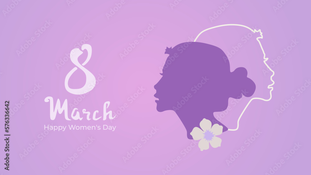 International Women's Day 8 March background template with women head silhouette, flower, and handwritten text in purple pink color. Vector illustration in trendy style. Editable graphic resources.