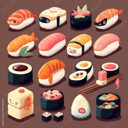 Sushi - asian food with fish  rice  seaweed  caviar. Sushi icon set illustration. GENERATIVE AI
