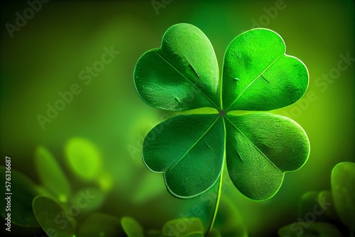 Four-Leaf Green Clover For Good Luck On St. PatrickS Day, Bright Green Background, Holiday Concept Of Spring, Plant Clover Symbol. Generative AI