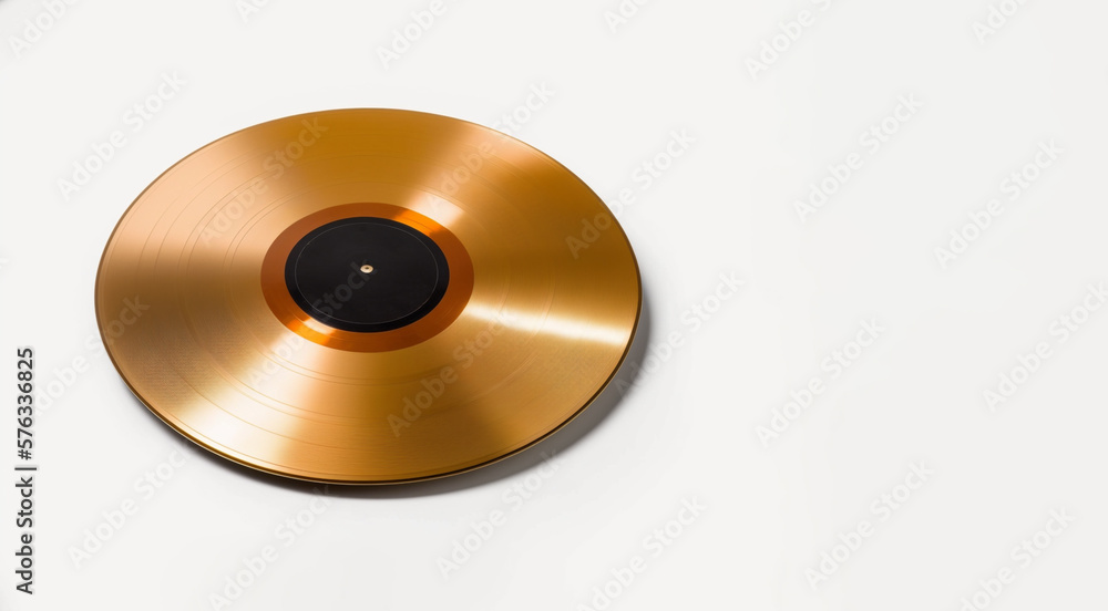 Golden Vinyl Record, isolated on a white background with copy space. Illustrative Generative AI. Golden Vinyl Record, isolated on a white background with copy space. Illustrative Generative AI.