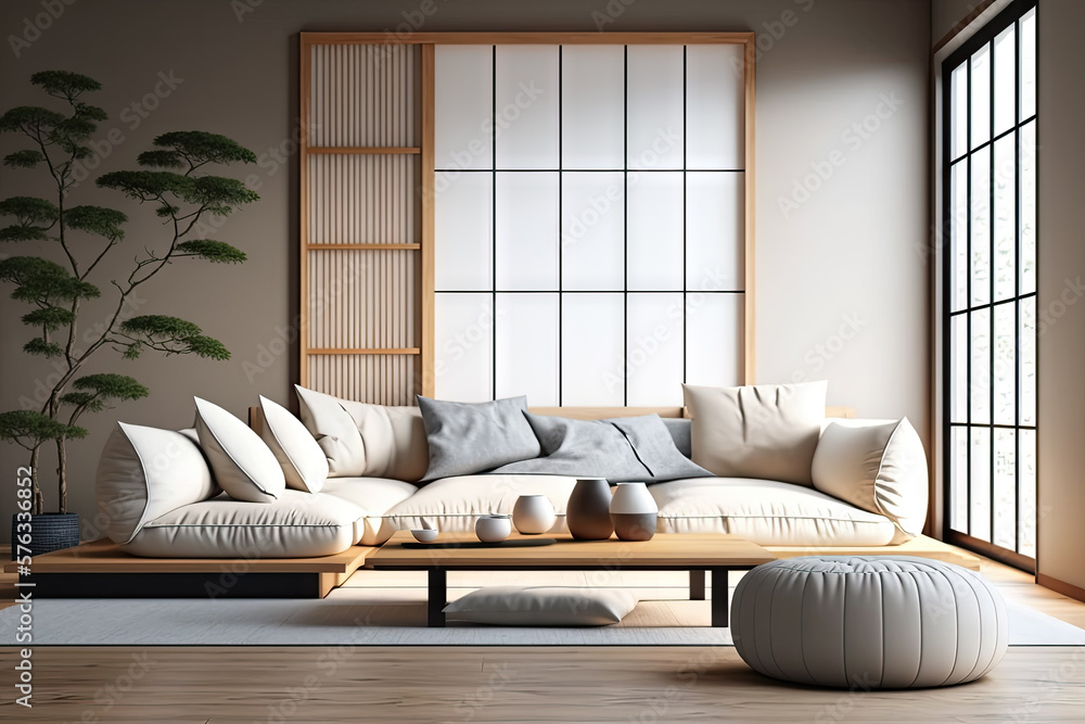 Japanese modern living room in earthy Morandi tones. Modern minimalist ...