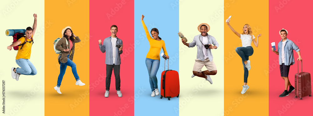 Happy multicultural millennials travelling around the world, collage Happy multicultural millennials travelling around the world, collage