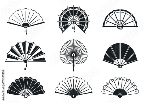 Black silhouettes of chinese, japanese paper folding hand fans