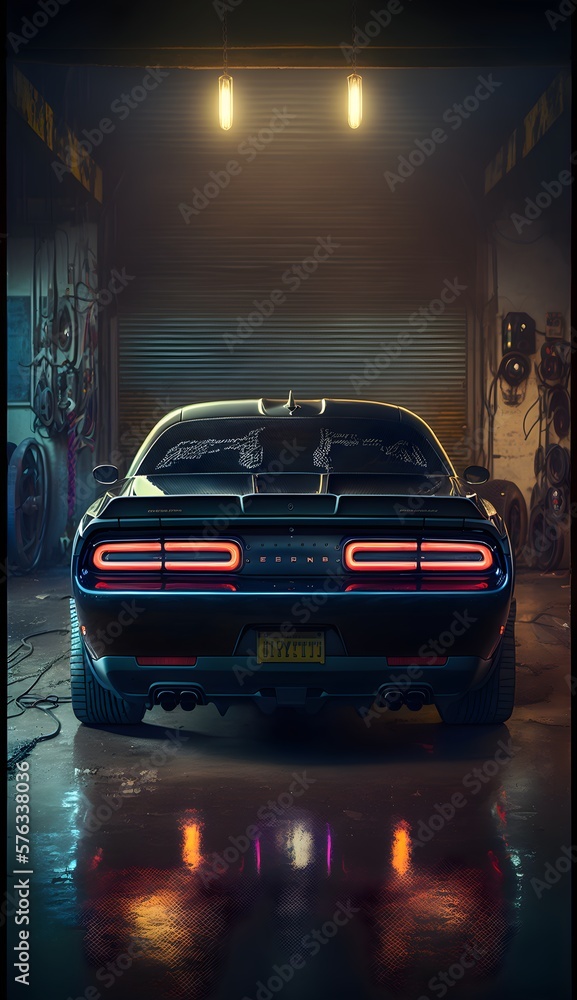 Wallpaper Illustration and background of a beautiful custom car in the garage. Rear View. Concept of tuned car. Sports car, futuristic sports car concept. Generative AI - obrazy, fototapety, plakaty 