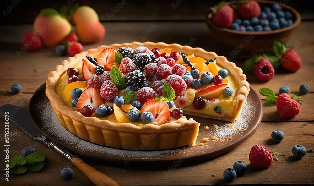  a fruit tart with a slice cut out of it.  generative ai - obrazy, fototapety, plakaty 