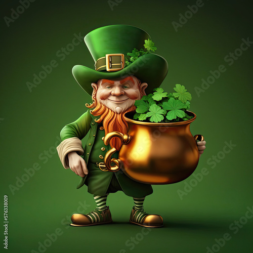 A leprechaun holding a pot of gold and shamrocks for St. Patrick's Day photo