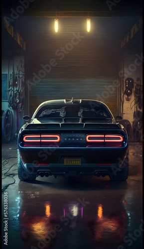 Wallpaper Illustration and background of a beautiful custom car in the garage. Rear View. Concept of tuned car. Sports car, futuristic sports car concept. Generative AI