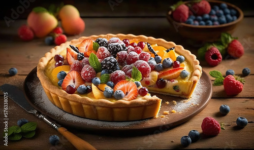  a fruit tart with a slice cut out of it.  generative ai photo