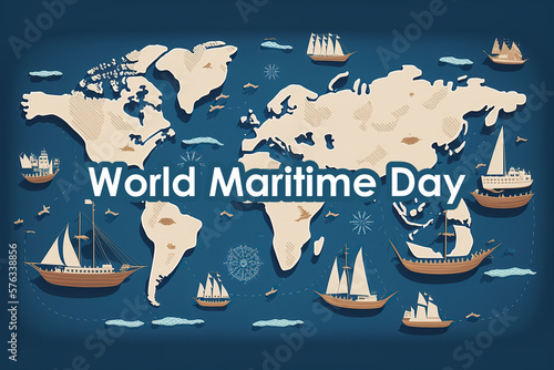 World Maritime Day Background Illustration, Happy World Maritime Day, Holiday concept, World Map, created with Generative AI