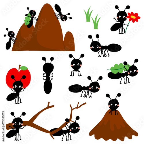 Cute cartoon ant collection with flowers, leaves and anthill. the ants work. Funny insects, flower buds and foliage pack bundle for spring collections.