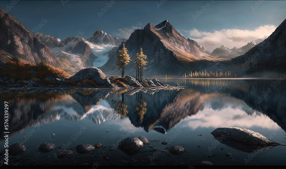 a painting of a mountain lake with trees and mountains in the background.  generative ai