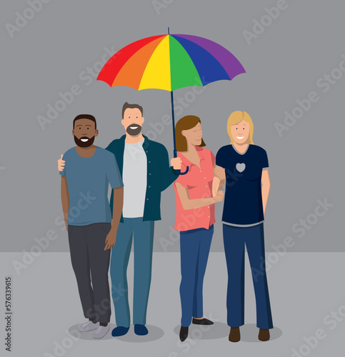 Illustration vectorielle représentant deux couples homosexuels se tenant debout sous un parapluie aux couleurs de la communauté LGBT.