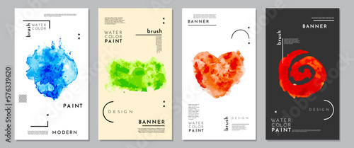 Vector illustration. Watercolor brush stroke. Colorful hand drawn paint smear. Geometric shapes with text. Element for design flyer, leaflet, voucher, coupon, social media stories. Memphis pattern