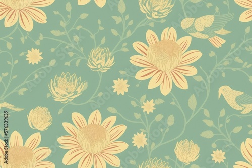 Seamless pattern, summer time minimal concept. Chrysanthemum daisy blooming flower, generative ai. Creative still life summer, floral element, pastel colored