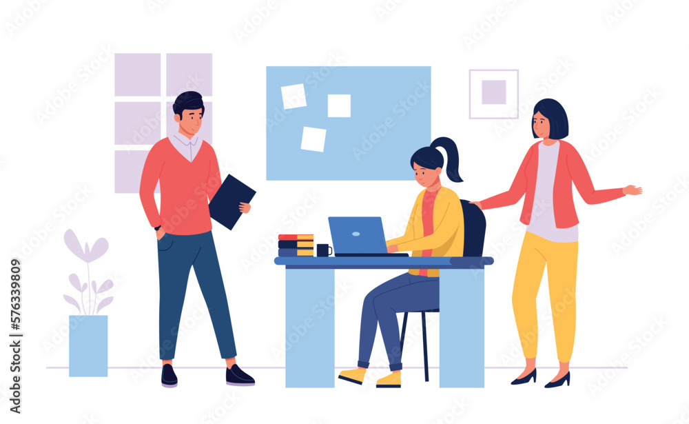 Business teamwork, woman works at laptop and boss Business teamwork, woman works at laptop and boss