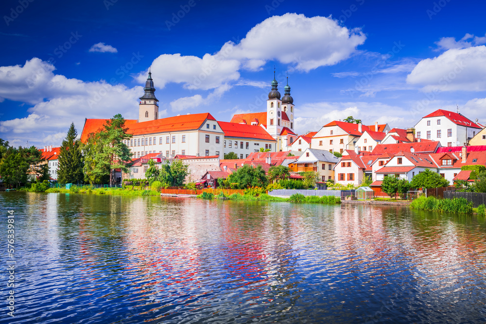 Obraz premium Telc, Czech Republic. Small city in Moravia, world heritage. Sunny day with white beautiful clouds.