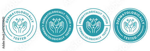 Set dermatologically tested vector label with water drop, leaf and hand logo. Dermatology test and dermatologist clinically proven icon for allergy free and healthy safe product package tag.