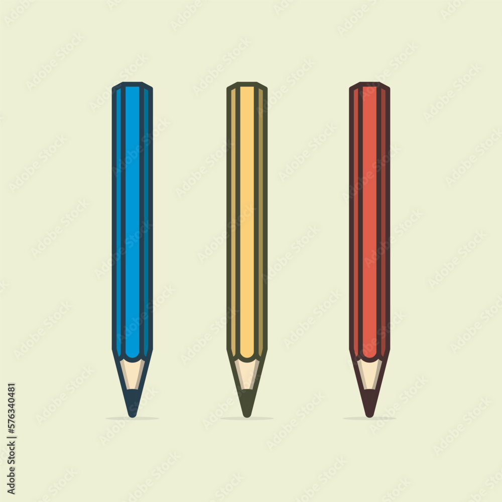 Three pencils are shown in a row, Cute pencil character flat cartoon vector template design illustration Three pencils are shown in a row, Cute pencil character flat cartoon vector template design illustration