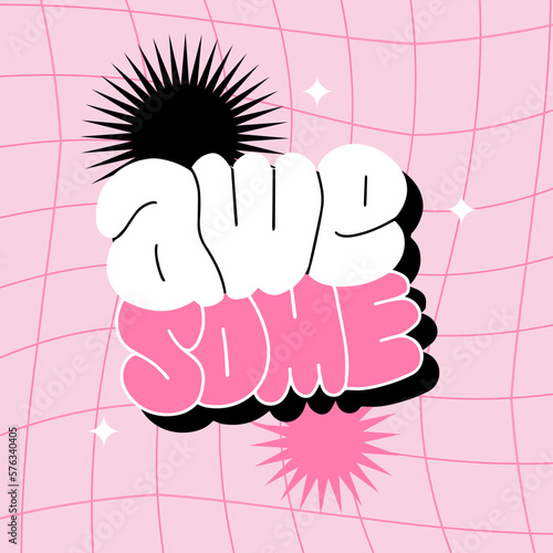 Poster Awesome in 90s - 00s style. Vintage typography with simple star signs on checkered background. Vector groovy illustration.