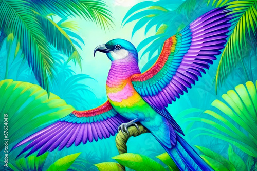 Paradise bird  tropical exotic jungle plants leaves flowers abstract pastel color. Generative AI