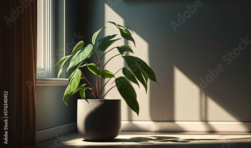  a potted plant sitting on a window sill next to a window. generative ai