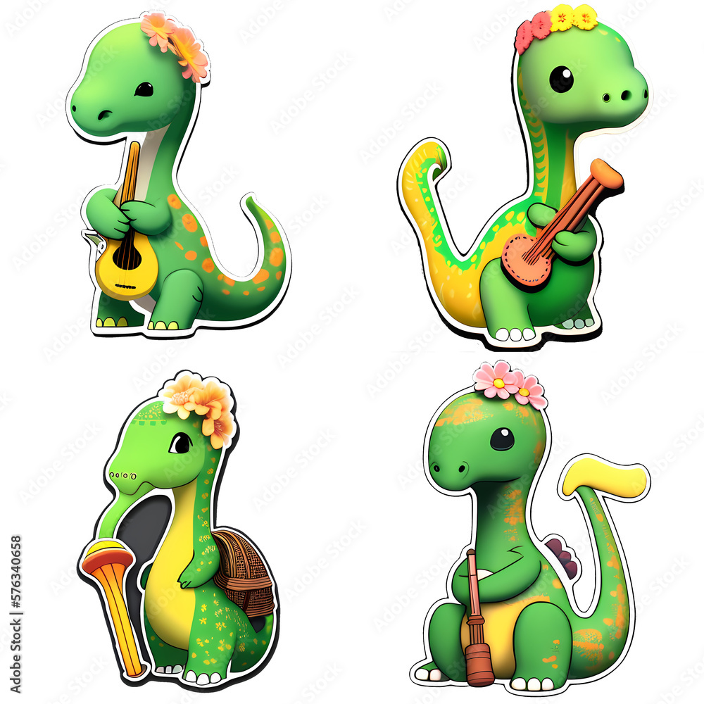 Obraz premium sticker cartoon contour cute kawaii dinosaur play instrument set PNG