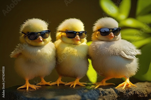 Cute spring baby chicks wearing cool sunglasses, generative AI
