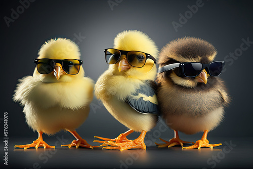 Cute spring baby chicks wearing cool sunglasses, generative AI