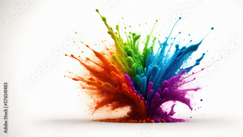 abstract wallpaper with exploding rainbow water splash paint with vivid colors on white background, generative AI photo