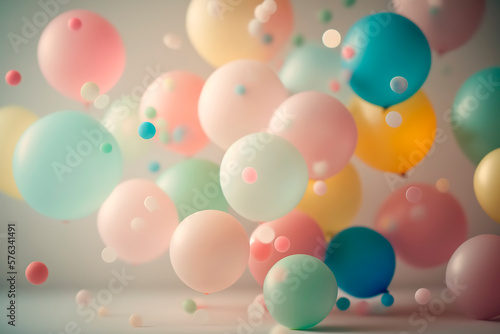 Creative fun concept of colorful pastel helium balloons, balls or spheres flying. Generative AI