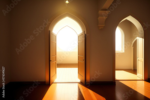 Islamic background painting. Mosque and shadows. Light rays from mosque window or door. Prayer's vision, generative ai. Muslim art.