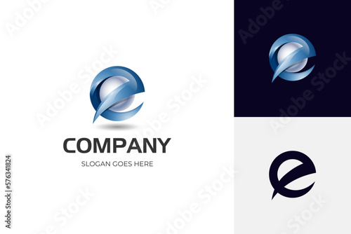 modern letter E abstract logo template with sphere globe combined letter e logo for technology brand identity symbol mark design