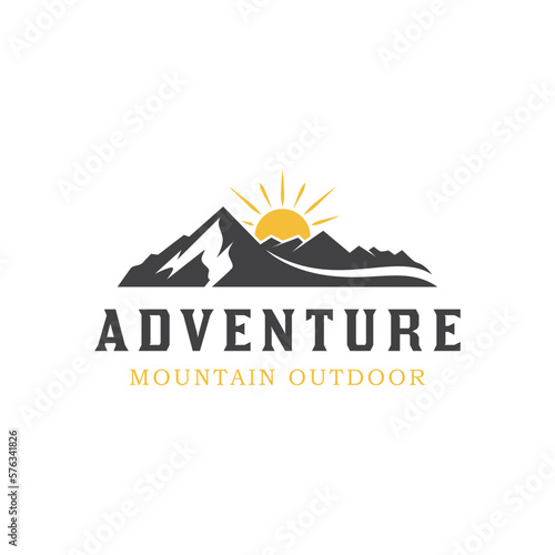 mountain landscape vintage logo with rocks at sunrise, Sea and Sun for Hipster Adventure Traveling logo can be used track biker cross
