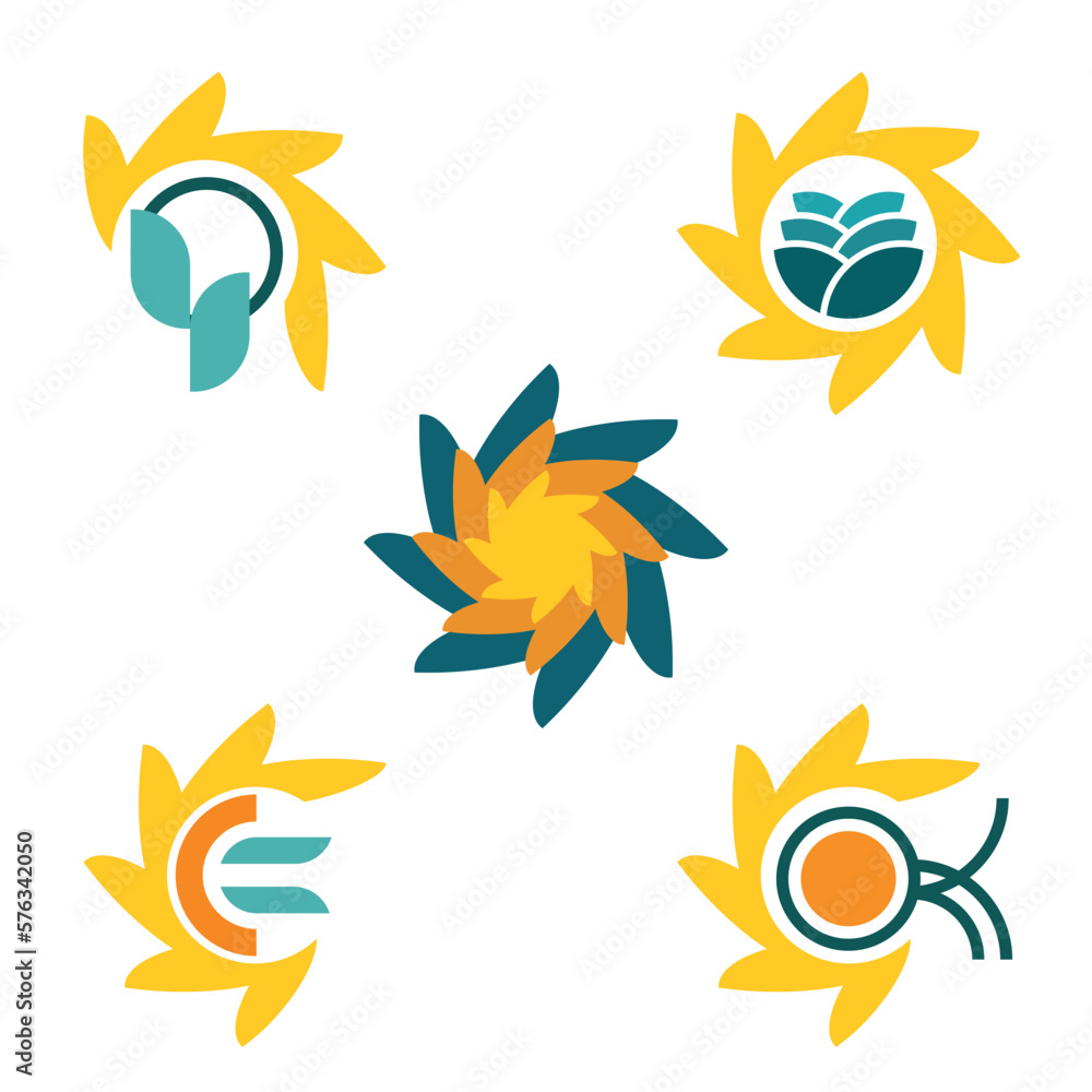 Sunflower and greenery sun logo set.