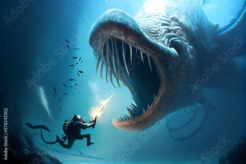 Sea Monster Attacks Diver, Fantasy Underwater Scene. Generative AI