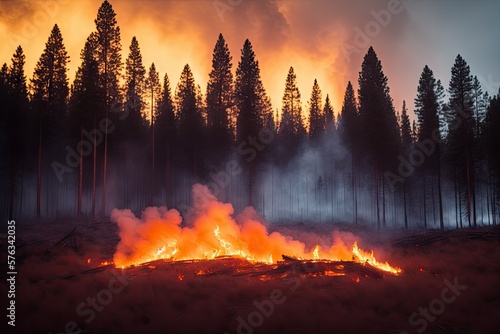 Intense flames from a massive forest fire  generative ai. Flames light up the evening as they rage thru pine forests and sage brush