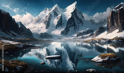  a painting of a mountain lake with snow covered mountains in the background. generative ai
