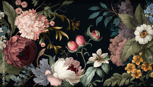 Fototapeta Naklejka Na Ścianę i Meble -  Floral pattern with dainty flowers and bold blooms. AI generative.