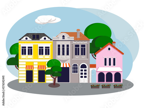 Street landscape with colorful european houses. Digital illustration.