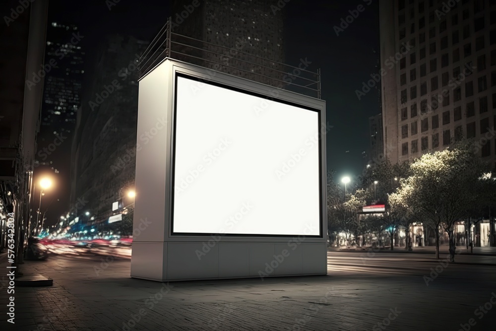White frame neon box mockup, in the night city, Generative AI