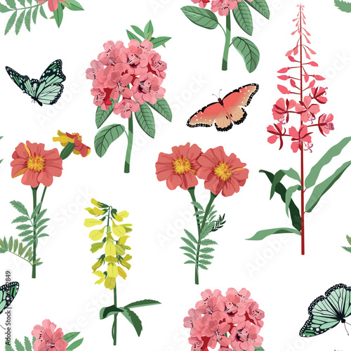 Seamless vector illustration with pink marigolds  rhododendrons and butterflies on a white background.