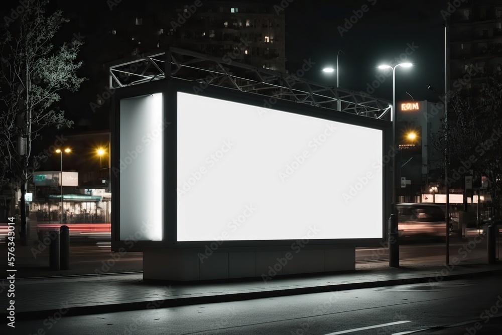 Big horizontal neon box mockup in the middle of road, concept for advertising, Generative AI Big horizontal neon box mockup in the middle of road, concept for advertising, Generative AI