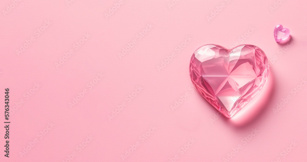 Crystal heart on a purple pink background with copy space, banner, flat lay, top view. Generative AI Crystal heart on a purple pink background with copy space, banner, flat lay, top view. Generative AI
