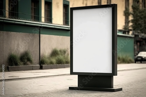 blank vertical advertising neon box mockup on the street, Generative AI